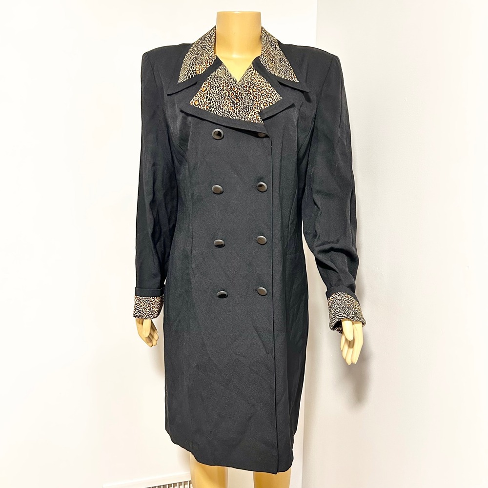 Lois Snyder Dani Max Vintage Black Blazer Dress Leopard Trim Double Breasted 16
